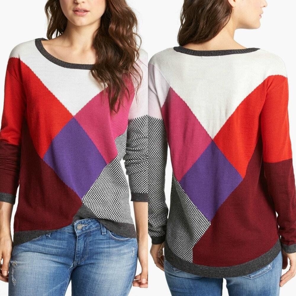 Ella Moss Long Sleeve Colorful Argyle Geo Wool Blend Sweater Maximalist Prep XS